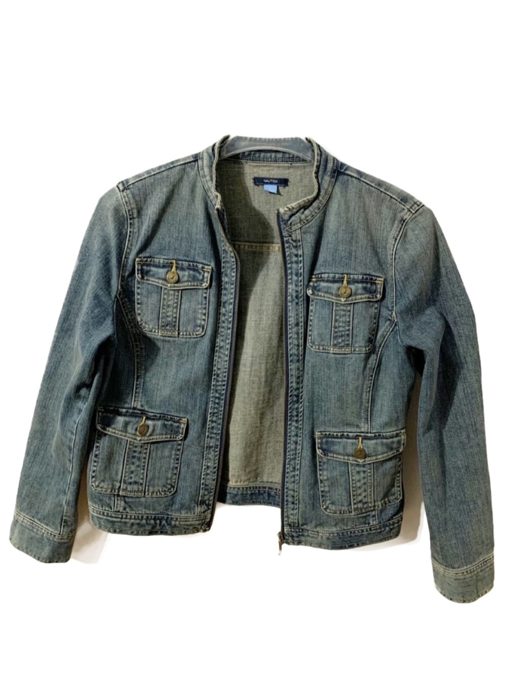 Nautica Full Front Zip Denim Jean Jacket Blue Size Large Mandarin Collar Pockets